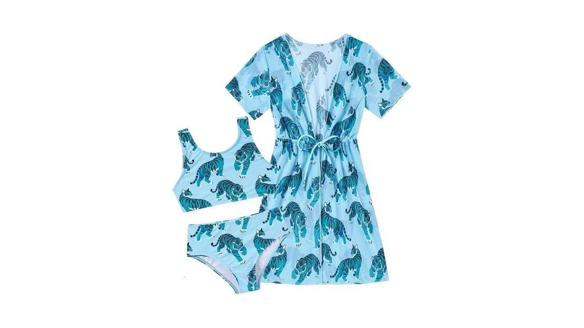 Enlifety 5t 6t Girls Swimsuit 3 Piece Turquoise Tigers Bathing