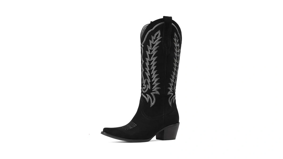 Tscoyuki Suede Black Cowboy Boots For Women: Embroidered Western Knee