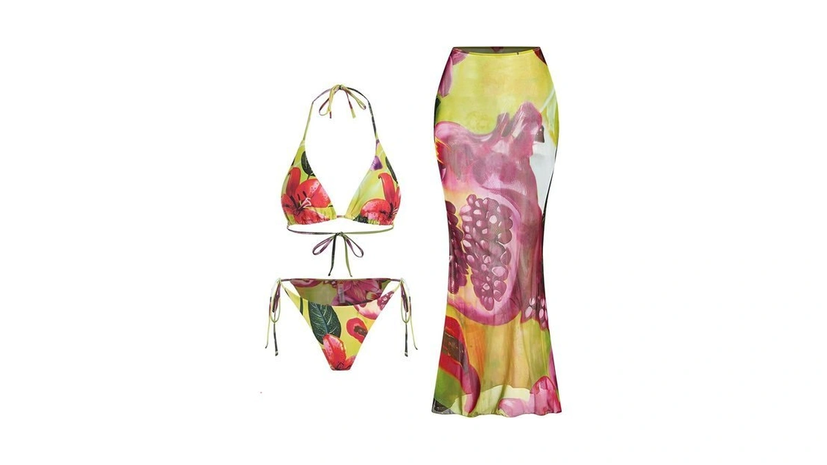 Zaful Womens 3pcs Swimsuit Floral Halter Triangle Bikini Top Tie