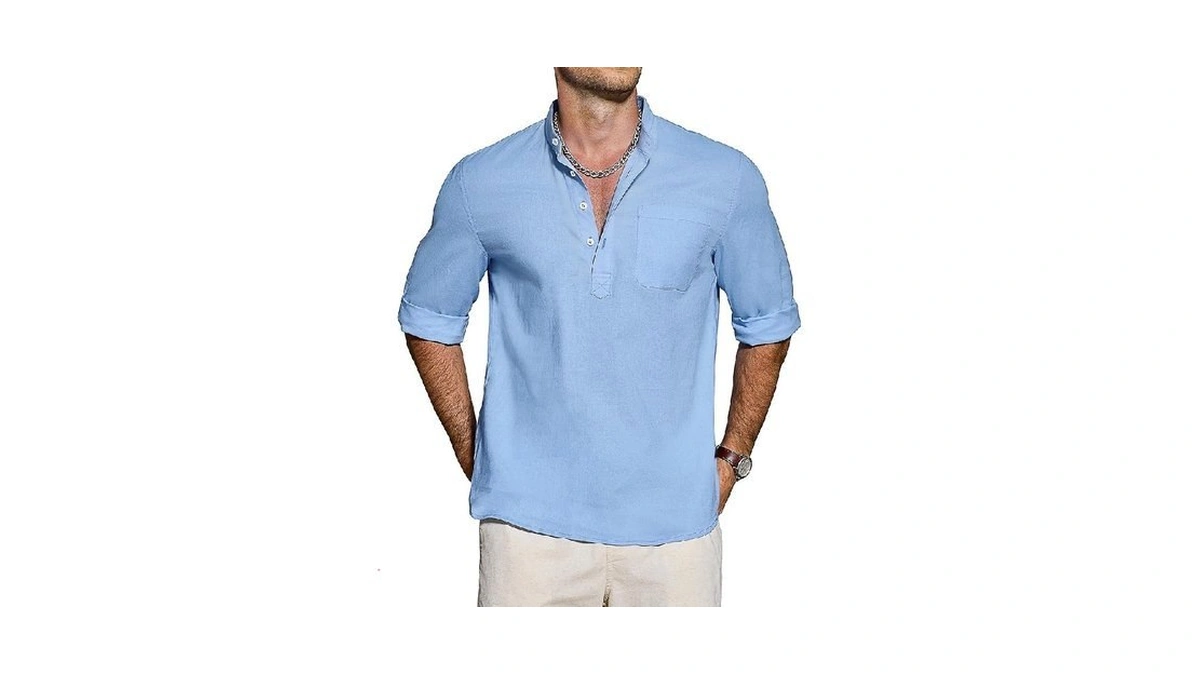 Jemldl Men’s Cotton Linen Henley Shirt 3/4 Sleeve Summer Beach