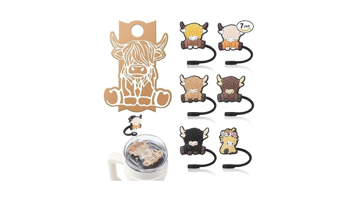 Xlsxexcl 7 Pcs Highland Cow Straw Cover Caps Compatible With