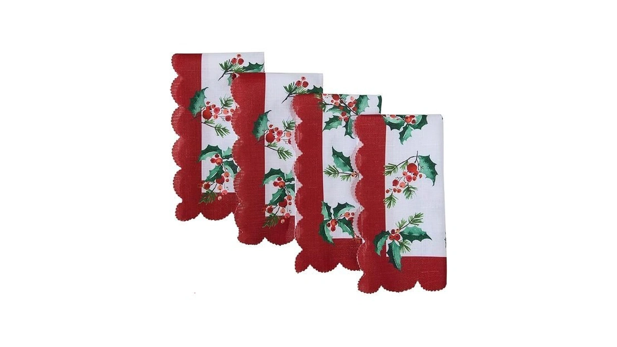 Newbridge Christmas Nature’s Poinsettia Scalloped Fabric Holiday Napkins, Holly, Berries