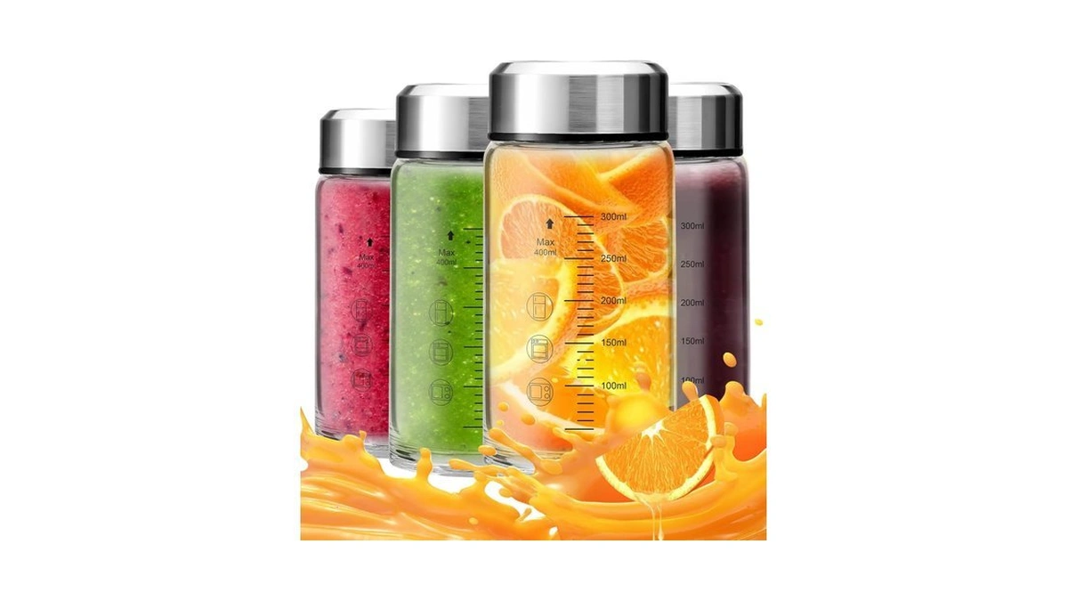 12oz Glass Juice Bottles With Lids 4-pack, Wide Mouth Reusable