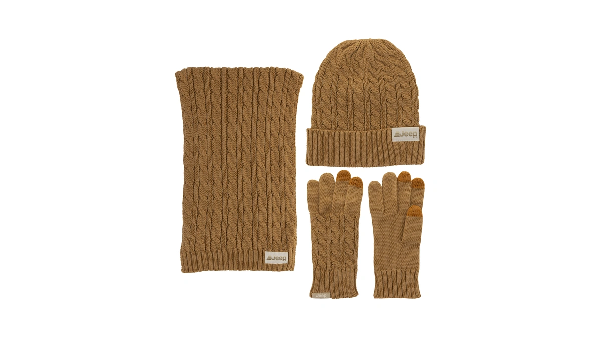Jeep Unisex 3 Piece Cable Kint Scarf, Hat And Glove