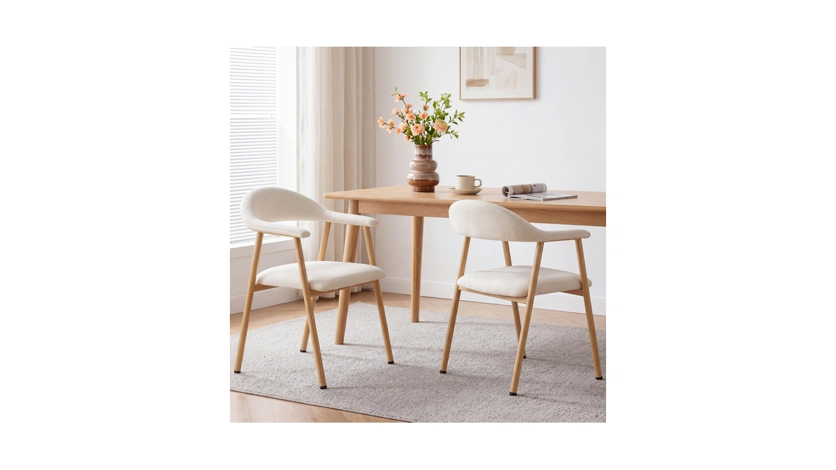 Dumos Set Of 2 Beige Linen Fabric Upholstered Dining Chairs,