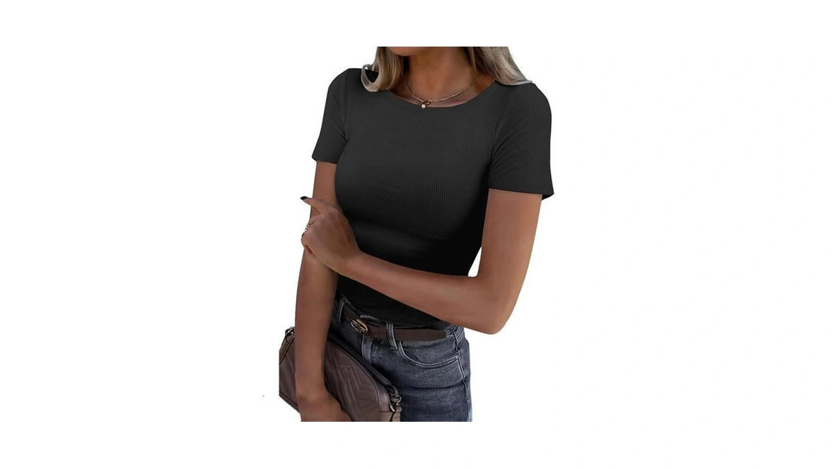 Gkbk Womens Short Sleeve Tops Crew Neck Ribbed Slim Fitted