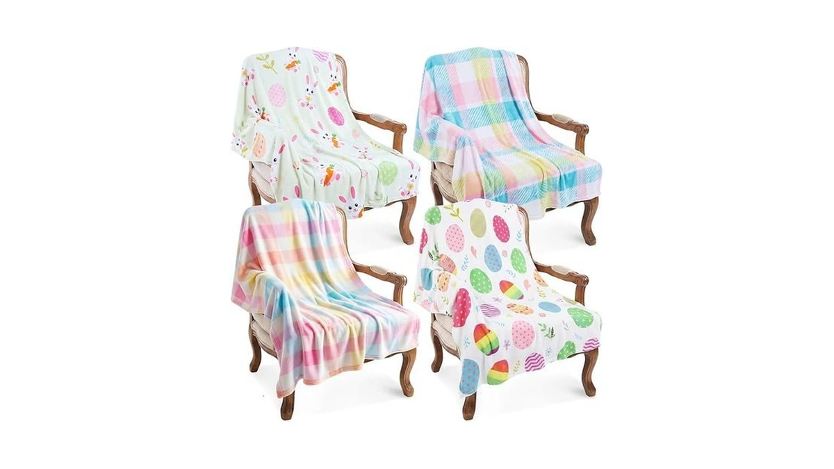Chumia 4 Pcs Spring Blankets Pastel Eggs Bunny Plaid Plush