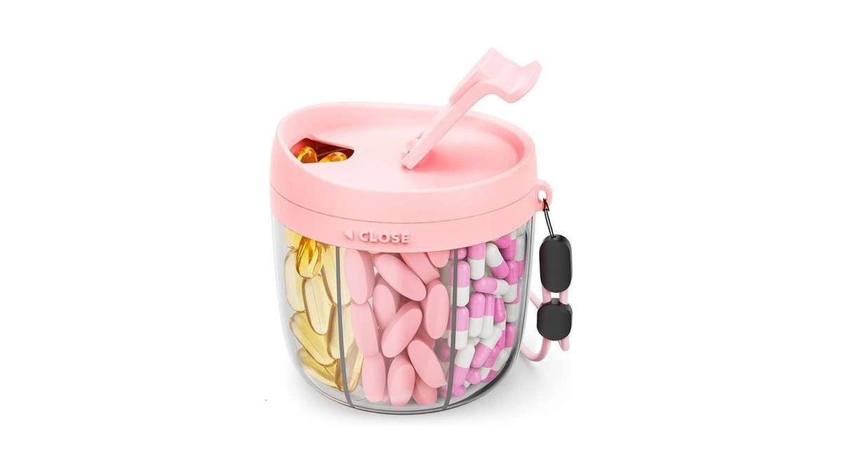 Amoos Cute Pill Dispenser With 7 Compartments, Pill Bottle Organizer