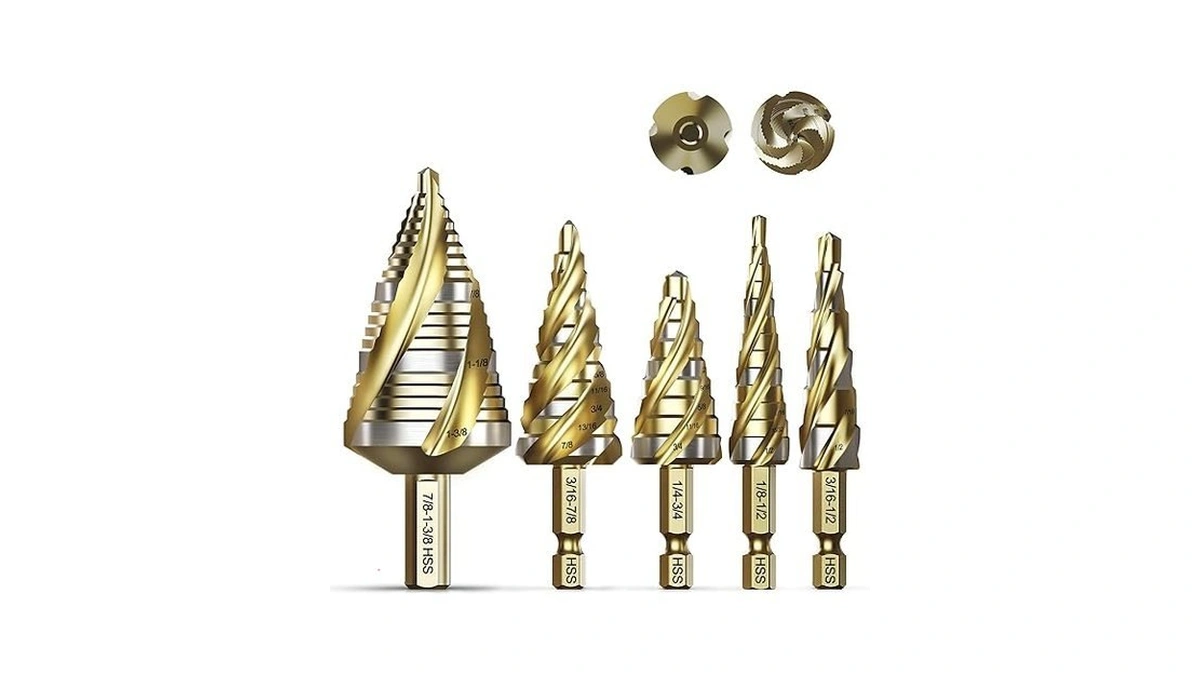Bestwork Four Spiral Flute Step Drill Bit Set, 5pcs 1/8"-1-3/8"