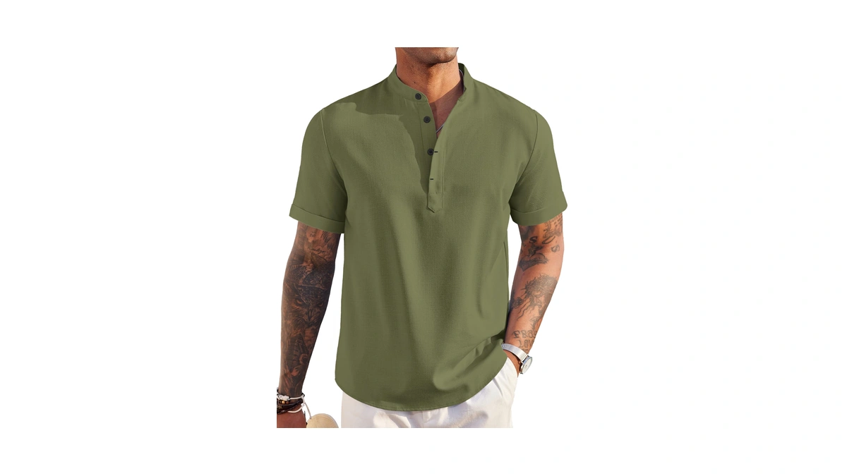 Coofandy Men's Casual Henley Shirt Band Collar Short Sleeve Shirt
