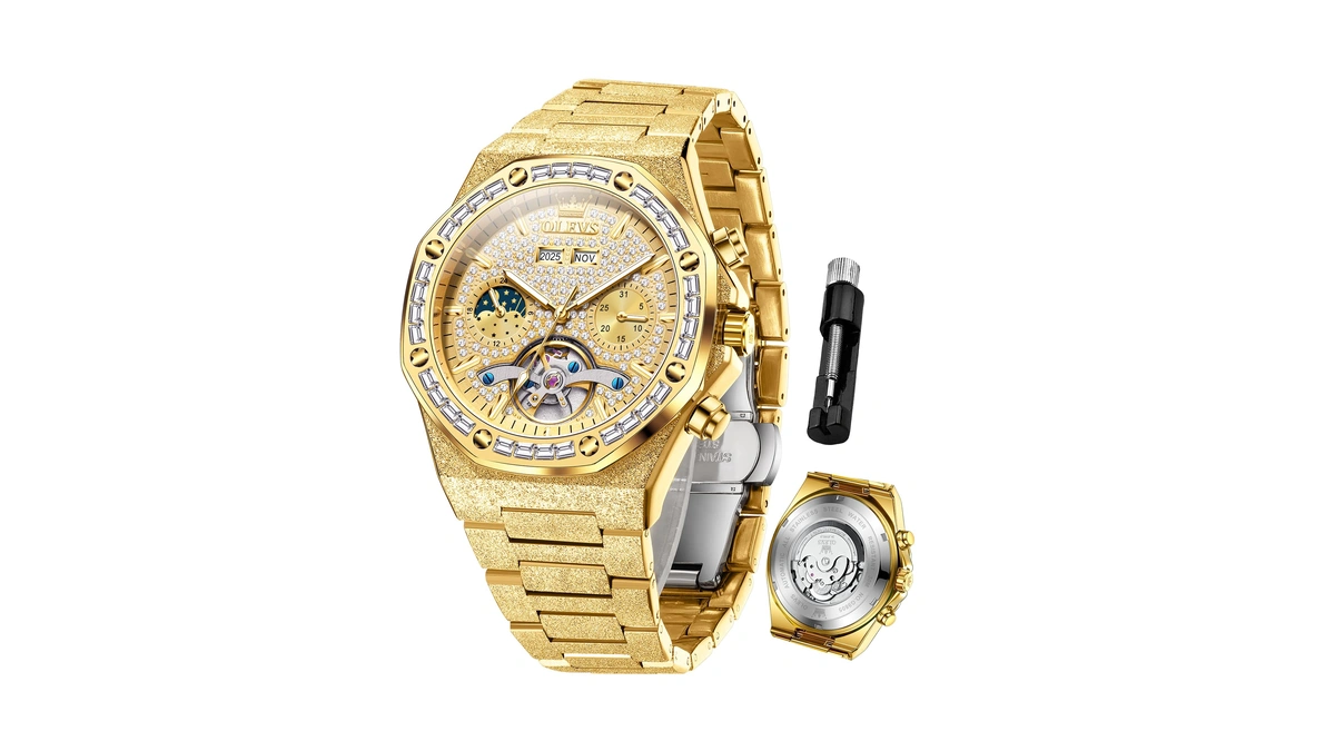 Olevs Automatic Men's Watch Skeleton Luxury Self-winding Diamond Gold Stainless