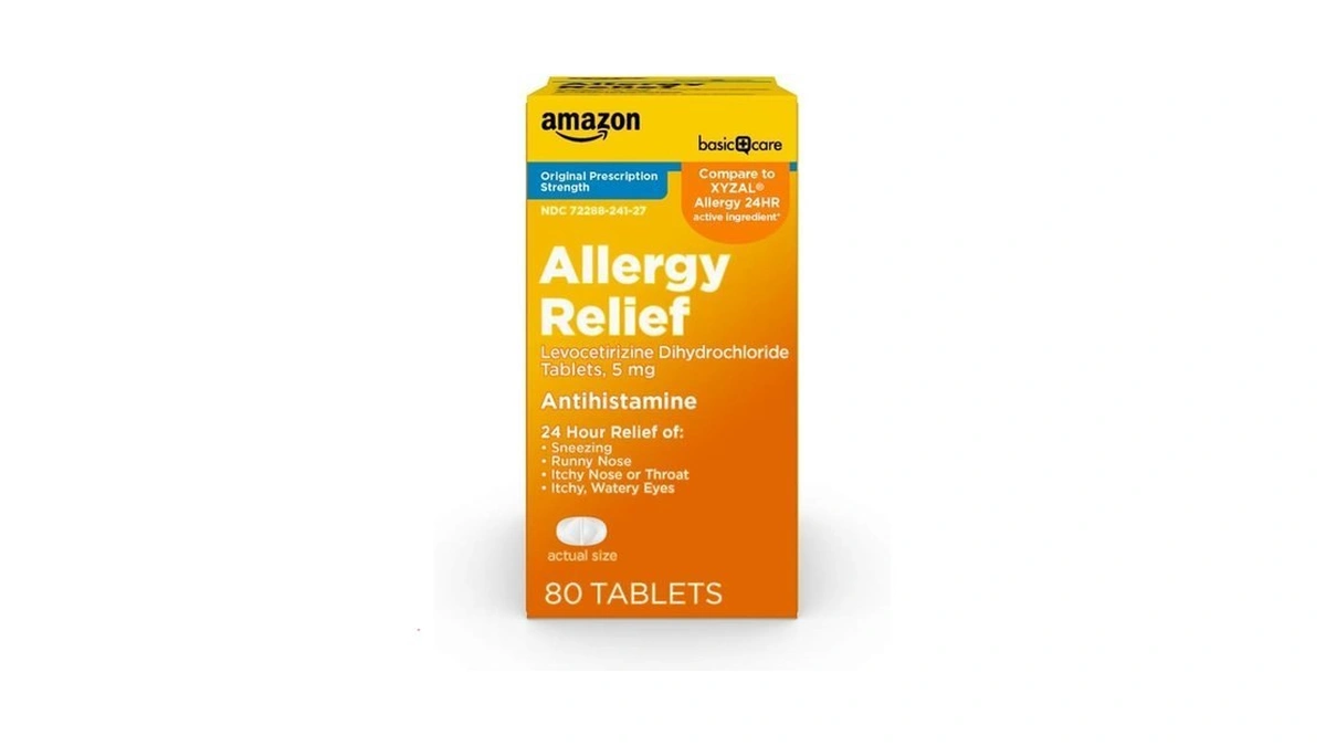 Amazon Basic Care 24 Hour Allergy Relief, Levocetirizine Dihydrochloride Tablets,