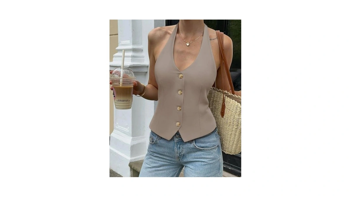 Pinkmstyle Sleeveless Vest For Women Halter V Neck Button Down
