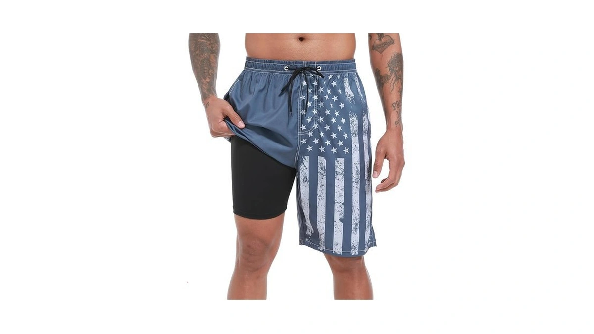 Mens Swim Trunks With Compression Liner, Vintage Navy Usa Flag