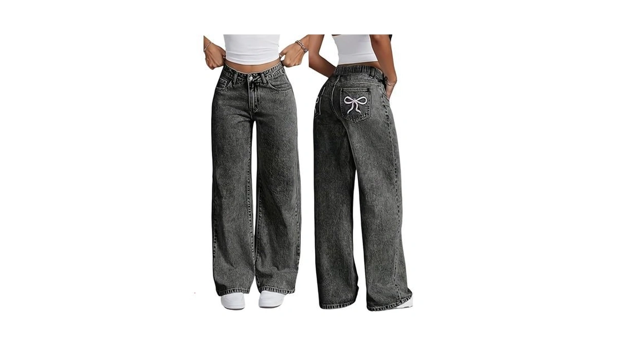 Girls Baggy Wide Leg Jeans Y2k Streetwear, High Elastic Waist
