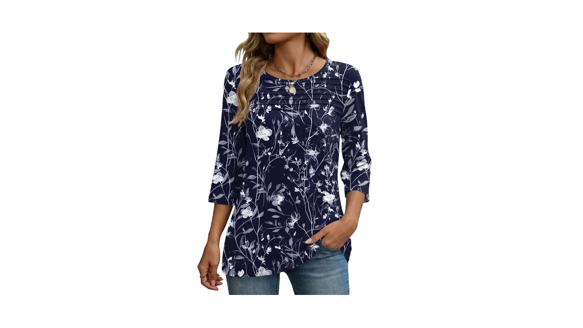 Zeagoo 3/4 Sleeve Tops For Women Trendy Round Neck Pleated