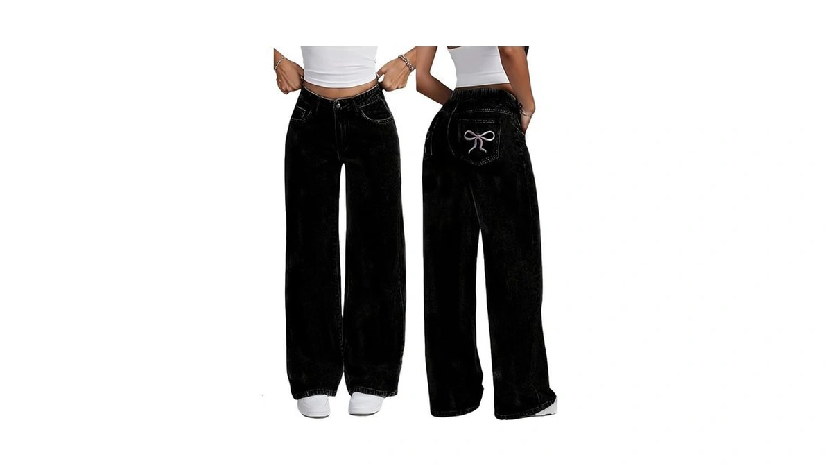 Girls Baggy Wide Leg Jeans Y2k Streetwear, High Elastic Waist