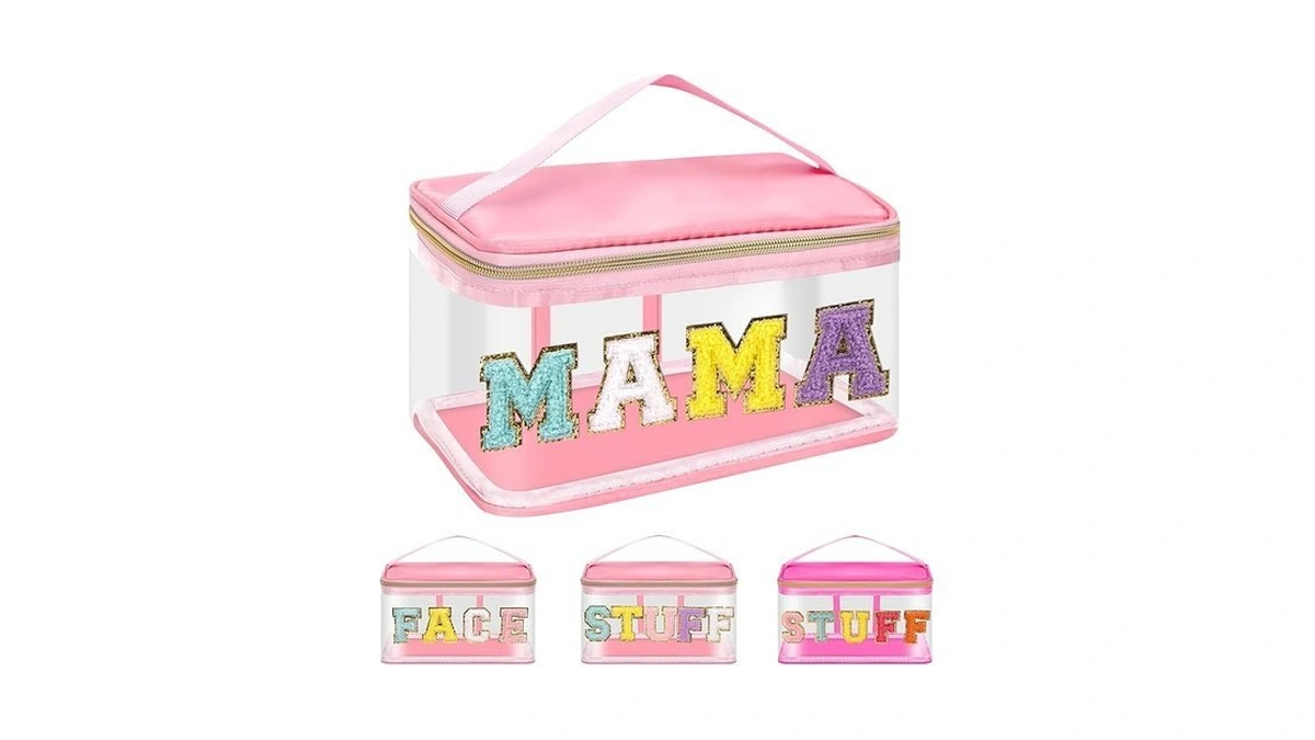 Iqimott Preppy Clear Makeup Bag Mama Pouch, Chenille Letter Cosmetic