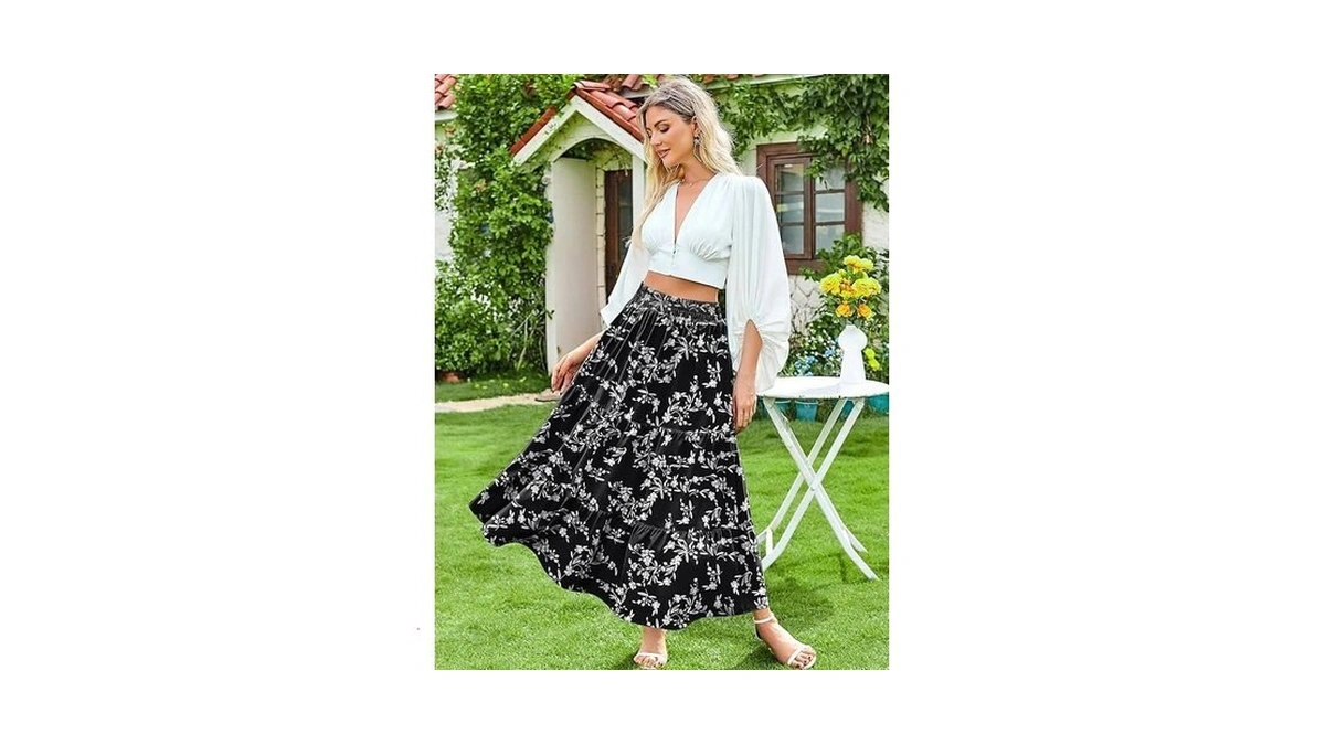 Arolina Women's Summer Floral Boho Maxi Skirt A-line Flowy Tiered