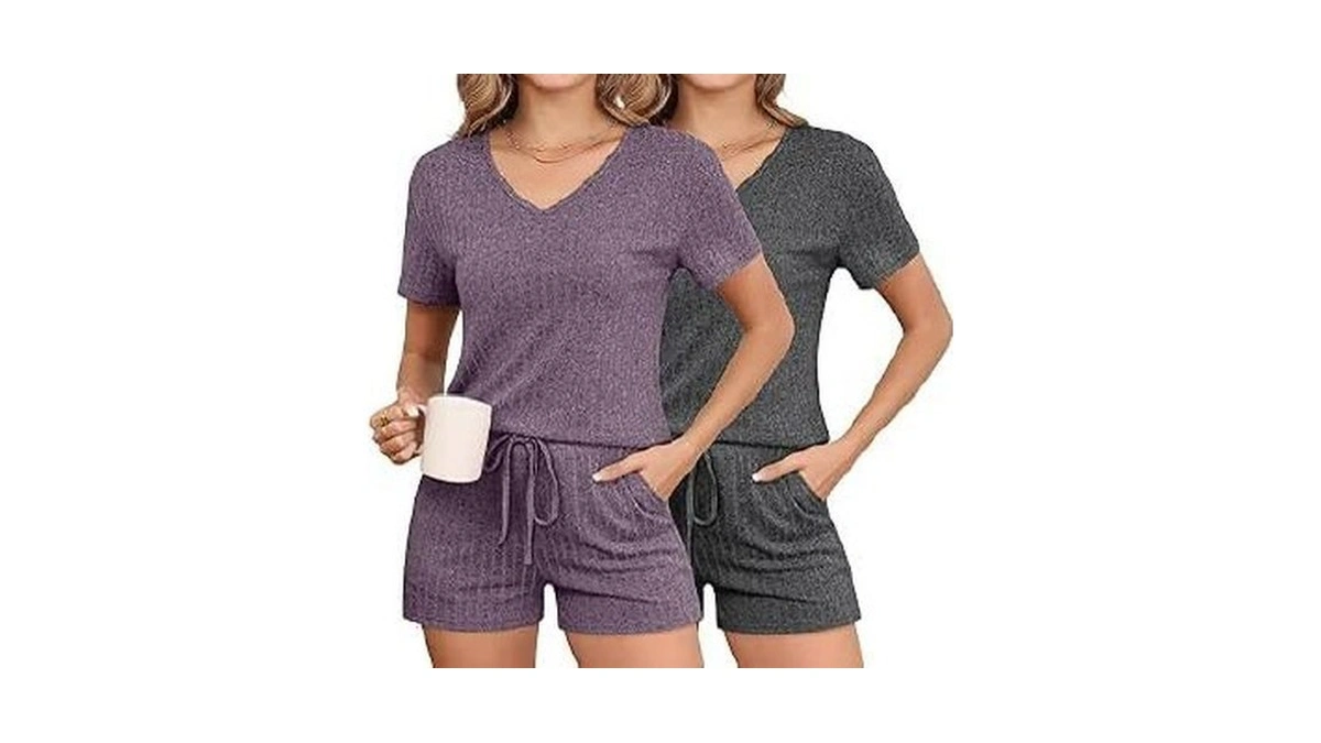 Evervibe 2 Pack Women's 2 Piece Ribbed Lounge Short Sets,