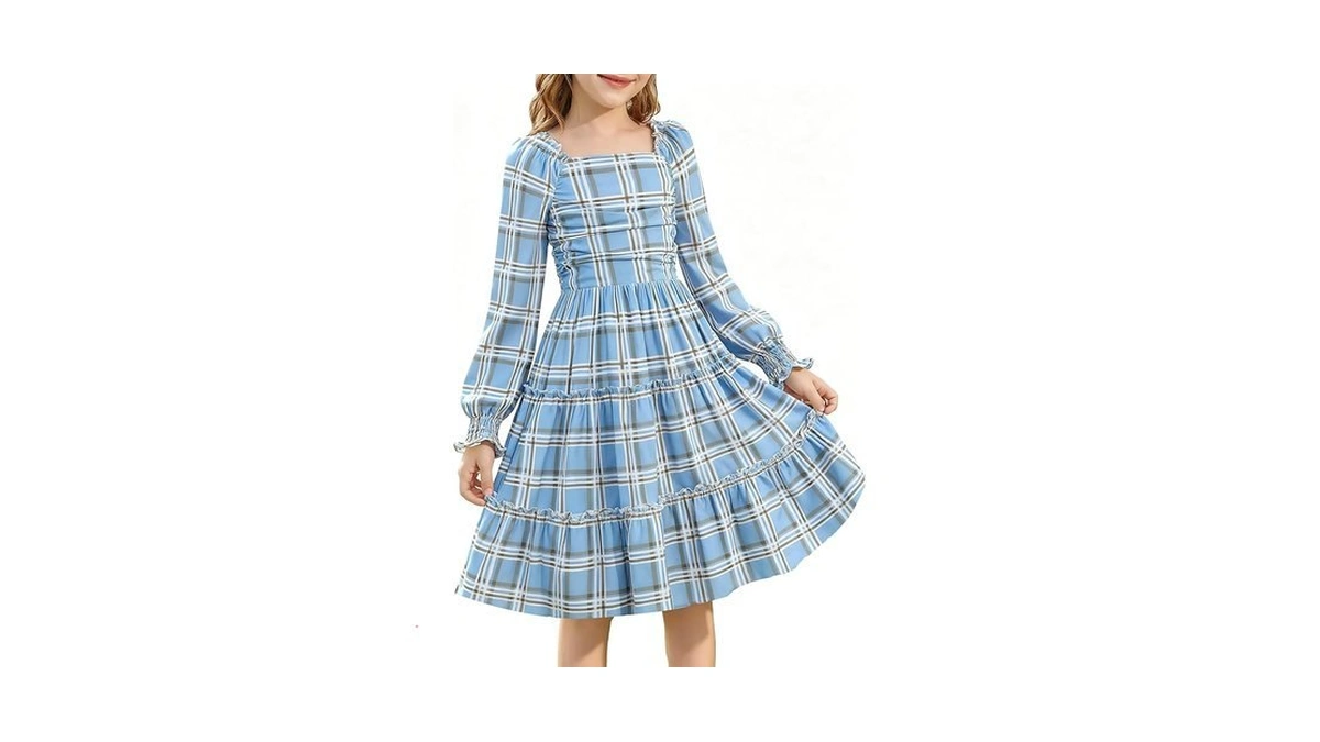 Girls Fall Dress Casual Tween Long Sleeve Plaid Smocked Elastic