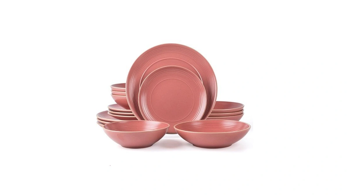 Arora Ringar Round Stoneware 16pc Double Bowl Dinnerware Set For