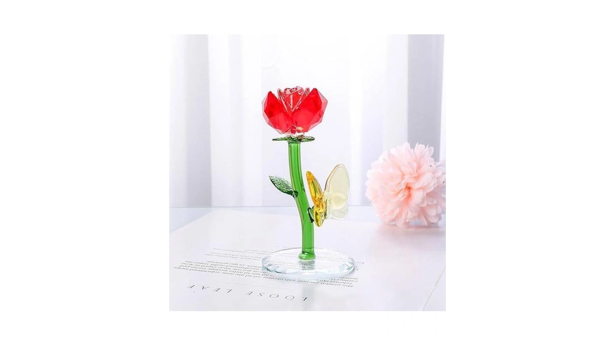 Longwin Crystal Red Rose Flower Figurines Glass Spring Bouquet Flowers