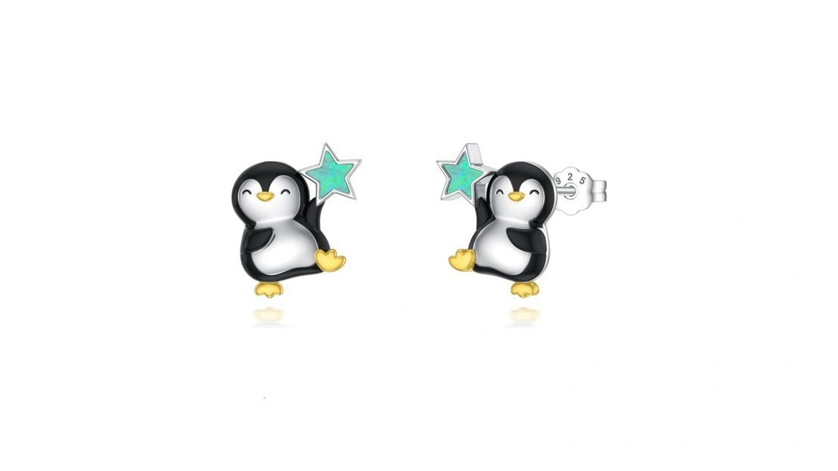 Penguin Earrings For Women 925 Sterling Silver Penguin Opal Stud