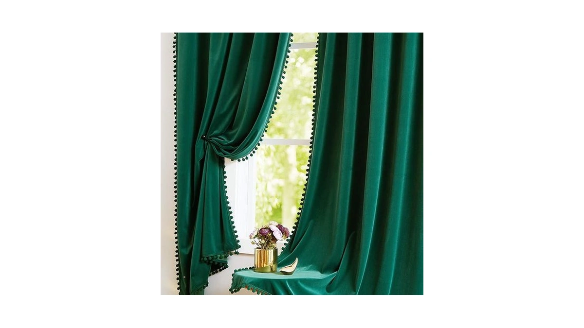 Treatmentex Pompom Velvet Green Curtains For Bedroom 95" Long Room