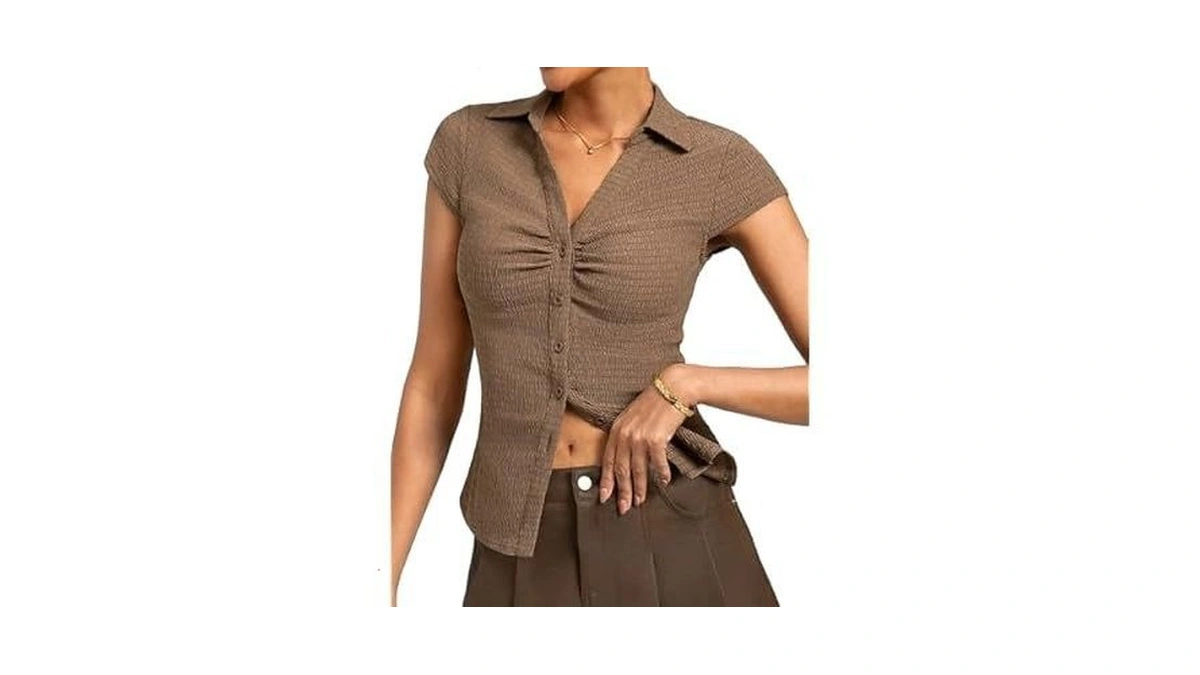 Women Button Down Blouses, V-neck Ruched Tops With Y2k Collar,