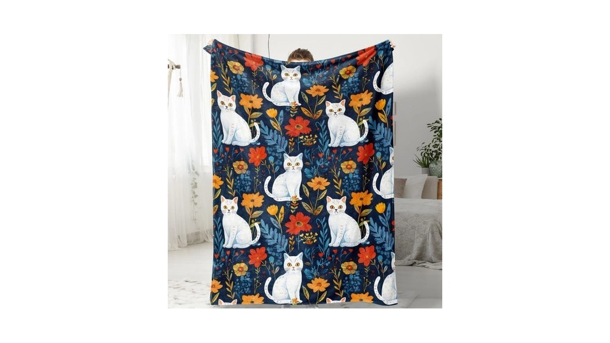 Cute Cat Throw Blanket Colorful Floral Wildflower Bed Blanket Flower