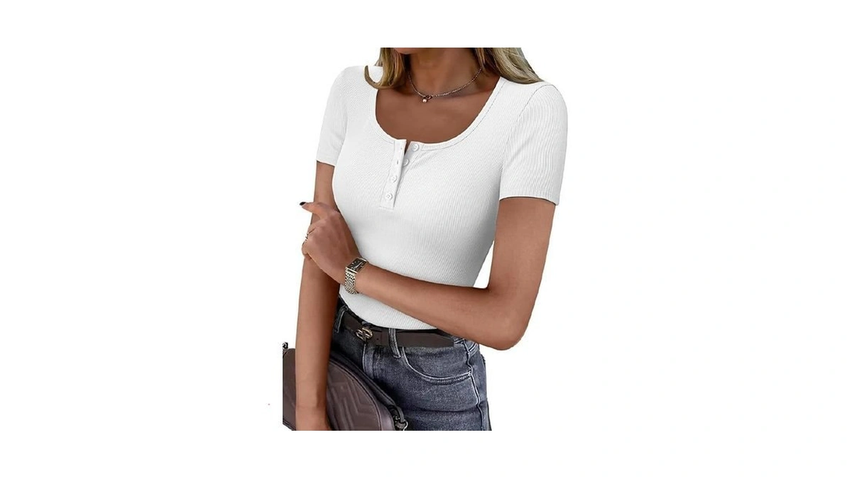 Gkbk Womens White Short Sleeve Shirts Ribbed Slim Fitted Tight