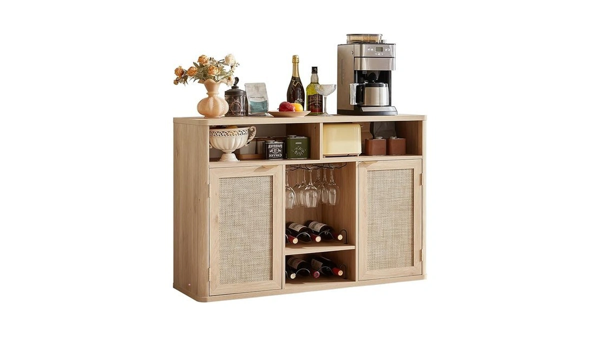 Lerliuo Rattan Wine Cabinet With 2 Doors, Boho Liquor Cabinet
