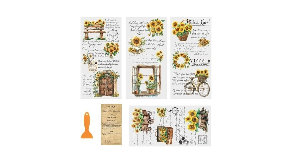 4 Sheets Rub On Transfers For Crafts, Sunflower Rub On