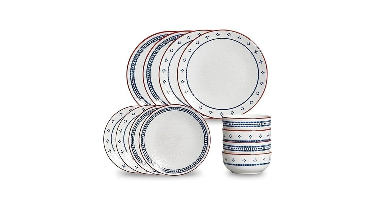 Jodevi 12-piece Stoneware Dinnerware Set For 4, Geometric Vintage Plates