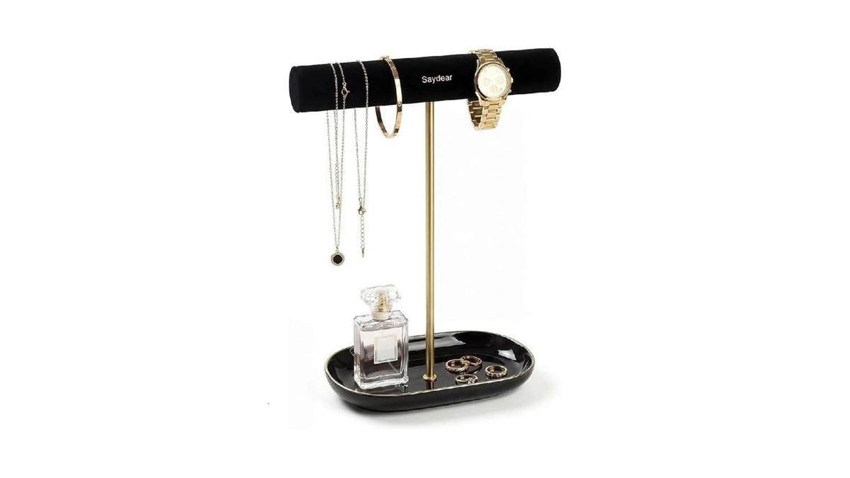 Saydear Velvet Jewelry Organizer Stand, T-bar Necklace Holder With Ceramic