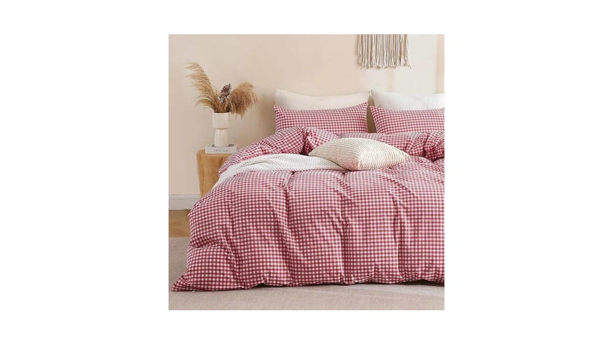 Tocomoa Red Gingham Duvet Cover Bedding Set 100% Washed Cotton