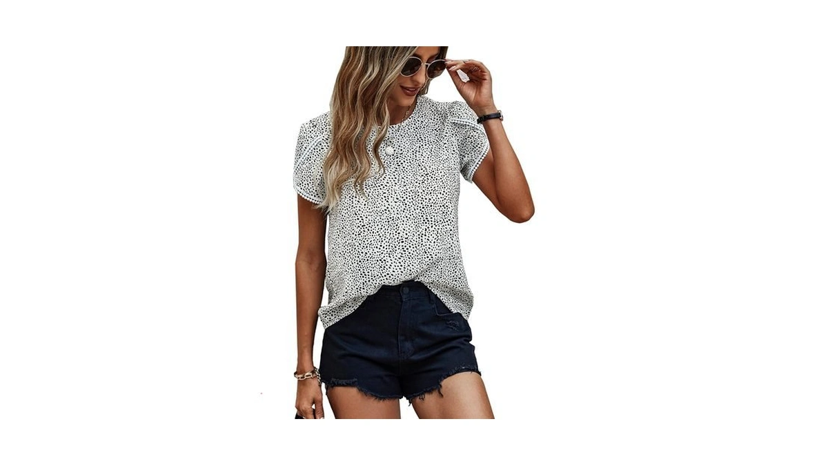 Angashion Women's Tops Casual Floral Print Lace Crochet Short Sleeve