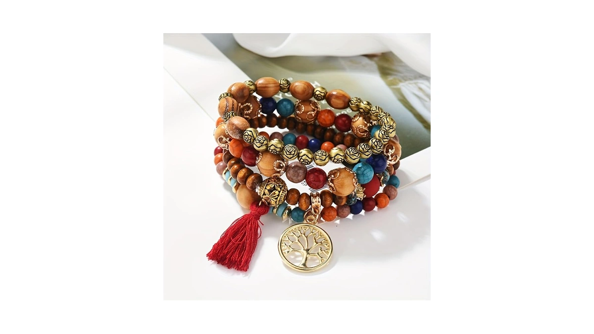 4pcs/set Bohemian Vintage Multicolor Wood Beaded Tassel Elastic Bracelet Kit