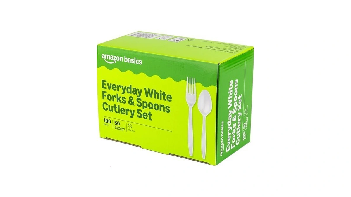 Amazon Basics Disposable Everyday White Forks & Spoons, 100 Count
