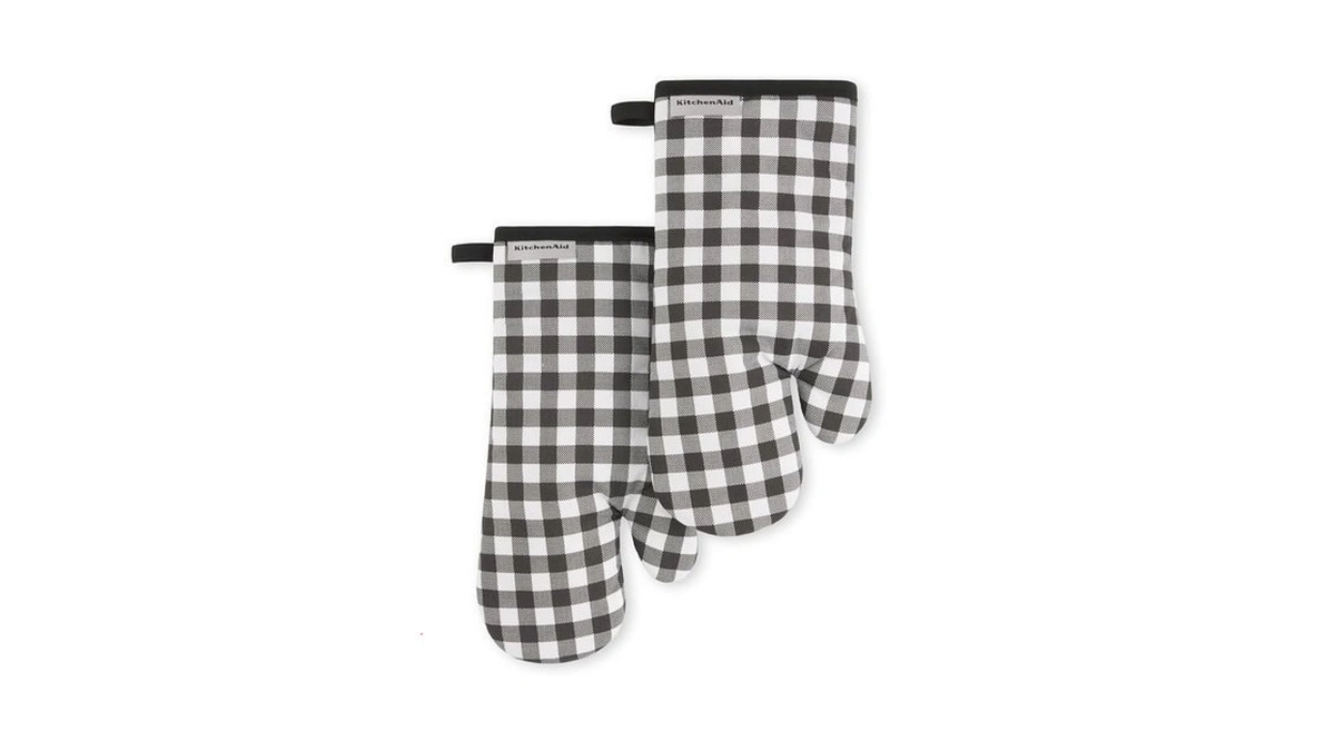 Kitchenaid Gingham Oven Mitt 2-pack Set, Matte Black, 7"x13"