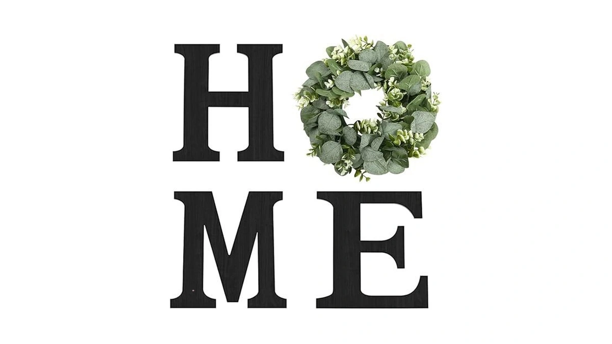 Wood Home Sign With Artificial Eucalyptus Wreath For O, Hanging