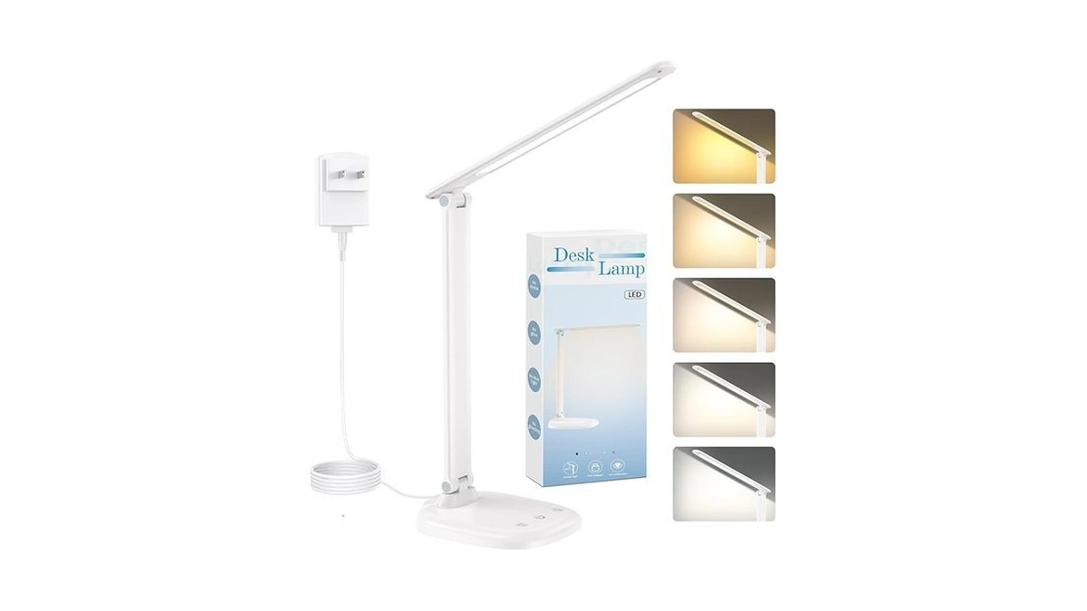Desk Lamp With Charger, 10%-100% Stepless Dimmable & 5 Color
