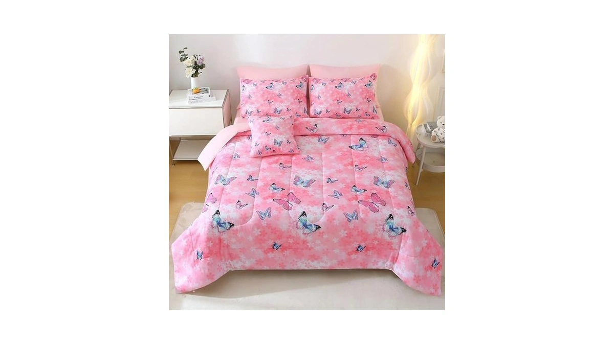 Jqinhome 6 Piece Butterfly Comforter Set Twin, 3d Pink Flower