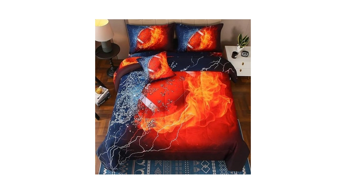Jqinhome Twin Football And Fire Comforter Sets For Boys,6 Piece