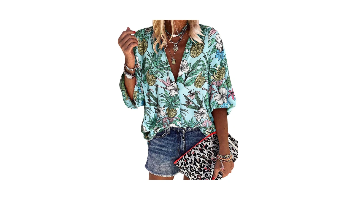 Zxzy Women Pineapple Printed Lapel Collar Half Sleeves Buttons Down
