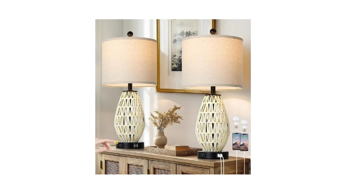 Cinsary Touch Control Rattan Table Lamps, 3 Way Dimmable Bedside