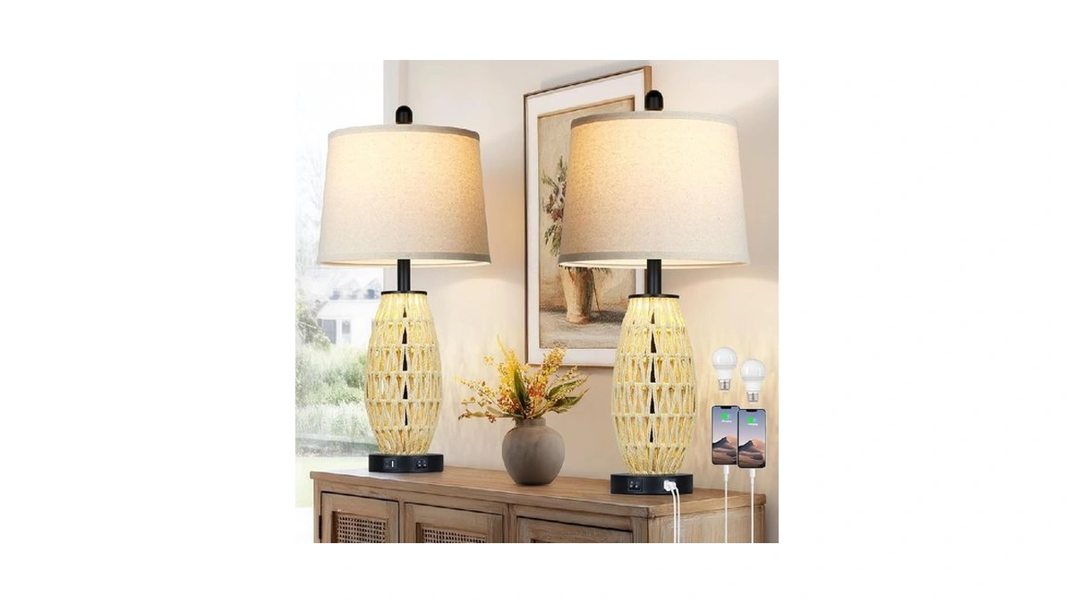 Cinsary 27“ Beige Boho Rattan Table Lamps With Night Light,