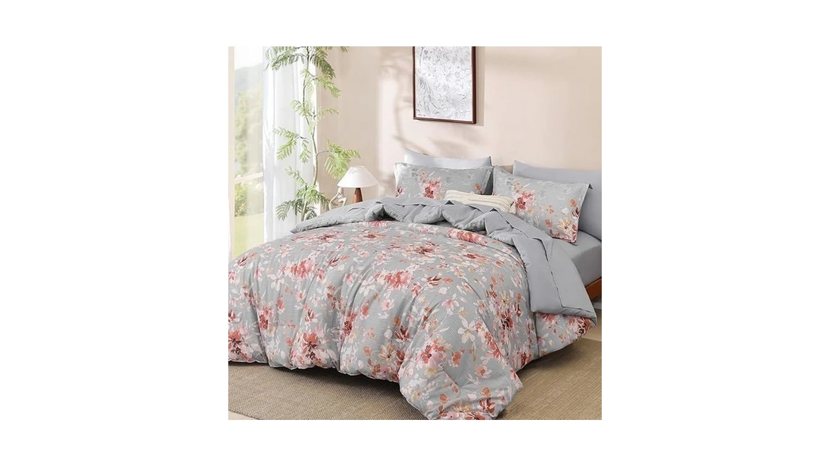 Dobuyly Grey And Pink Floral Comforter Set King Size Bed