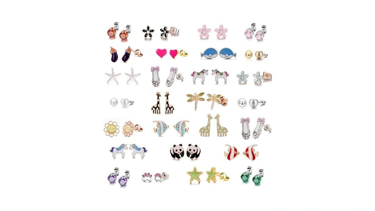 30 Pairs Kids Stud Earrings Set For Girls - Hypoallergenic